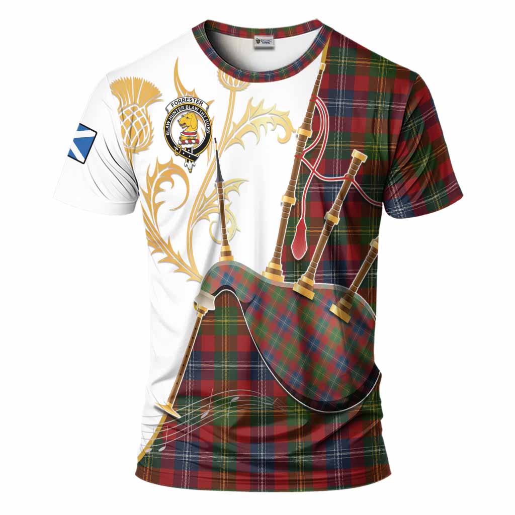 Forrester (Foster) Tartan Family Crest T-Shirt Bagpipes with Scottish Thistle