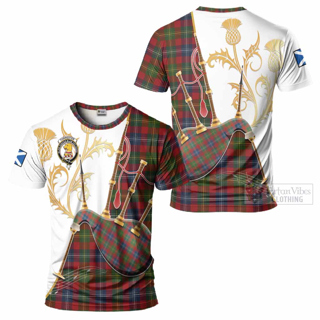 Forrester (Foster) Tartan Family Crest T-Shirt Bagpipes with Scottish Thistle