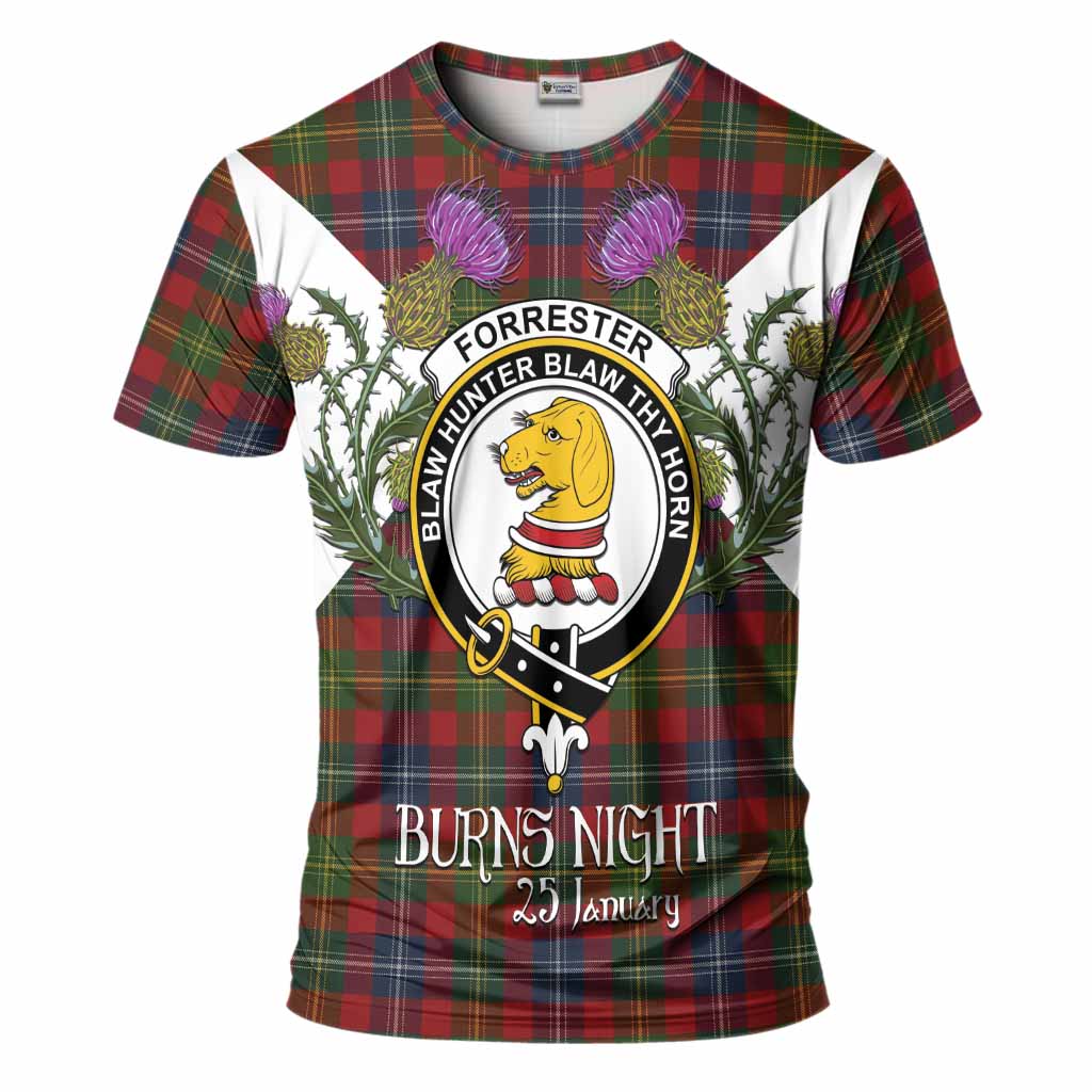 Forrester (Foster) Tartan Family Crest T-Shirt Scottish Burns Night Thistle Floral