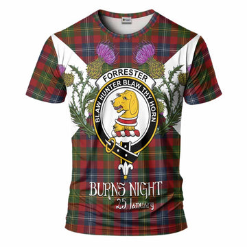 Forrester (Foster) Tartan Family Crest T-Shirt Scottish Burns Night Thistle Floral