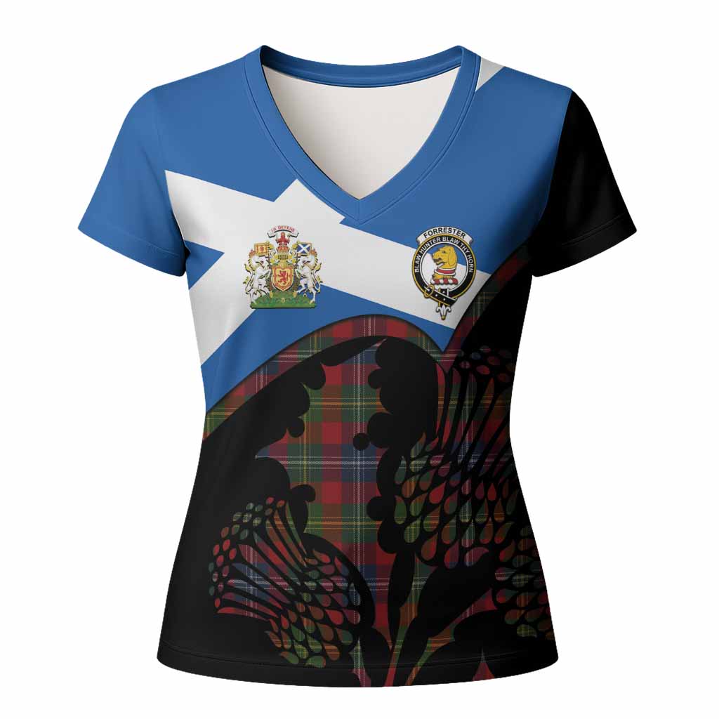Forrester (Foster) Tartan Family Crest Women T shirt Scotland Thistle Floral Flag Style