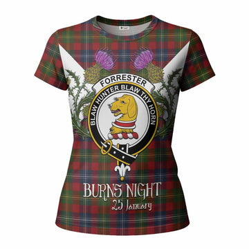 Forrester (Foster) Tartan Family Crest Women T shirt Scottish Burns Night Thistle Floral