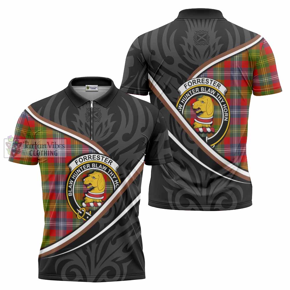 Forrester (Foster) Tartan Family Crest Zipper Polo Shirt Celtic Scottish Thistle Floral - Tartan Vibes Clothing