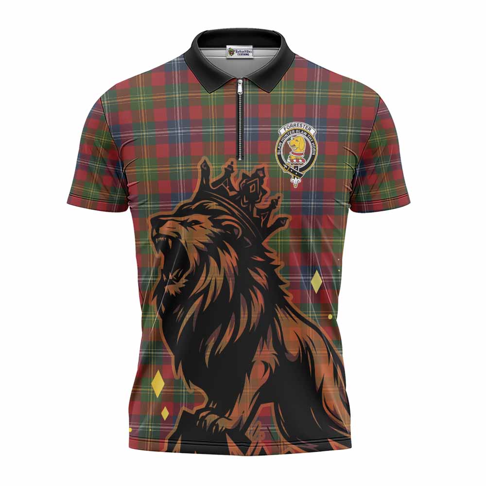 Forrester (Foster) Tartan Family Crest Zipper Polo Shirt Crowned Lion Roaring