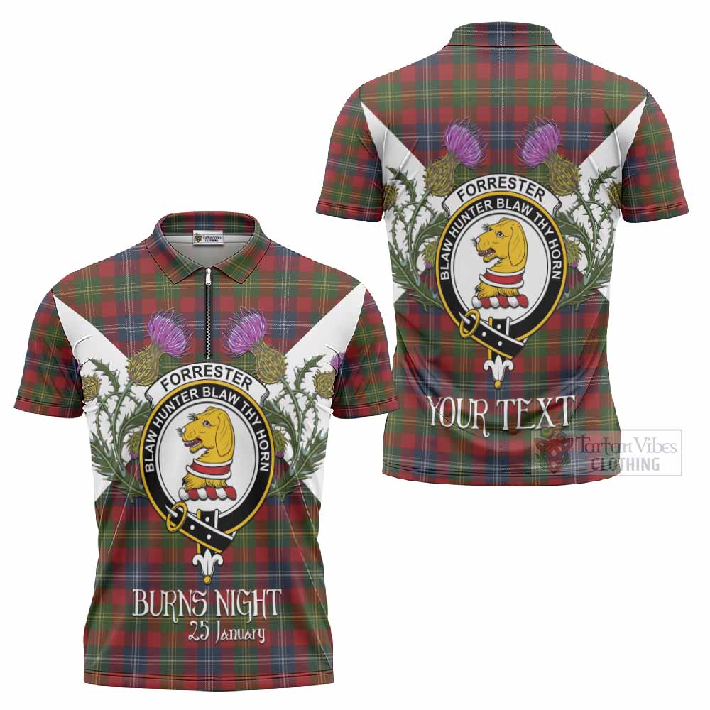Forrester (Foster) Tartan Family Crest Zipper Polo Shirt Scottish Burns Night Thistle Floral