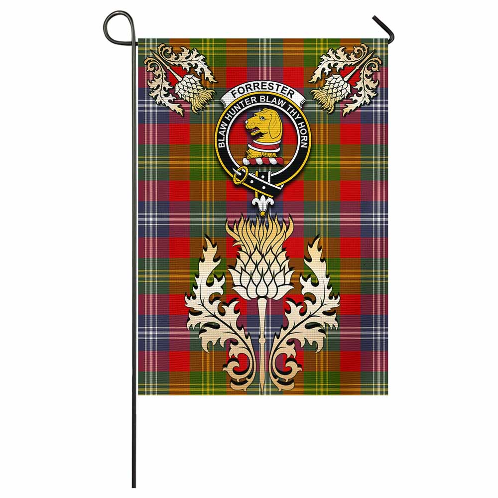 Forrester (Foster) Tartan Garden Flag with Golden Regal Scottish Thistle Emblem - Tartan Vibes Clothing