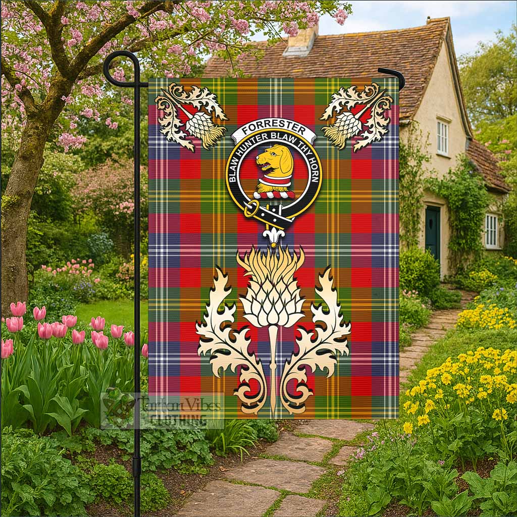 Forrester (Foster) Tartan Garden Flag with Golden Regal Scottish Thistle Emblem - Tartan Vibes Clothing