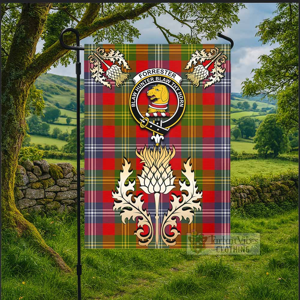 Forrester (Foster) Tartan Garden Flag with Golden Regal Scottish Thistle Emblem - Tartan Vibes Clothing