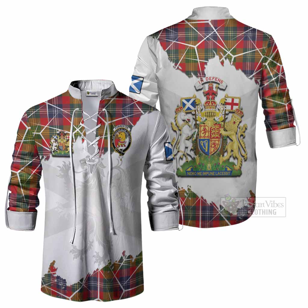 Forrester (Foster) Tartan Ghillie Shirt with Family Crest and Lion Rampant Grunge Style