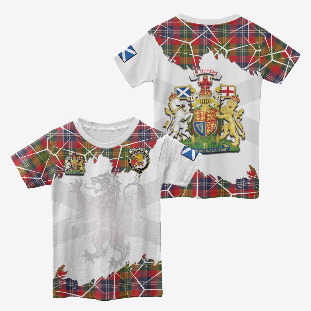 Forrester (Foster) Tartan Kid T-shirt with Family Crest and Lion Rampant Grunge Style