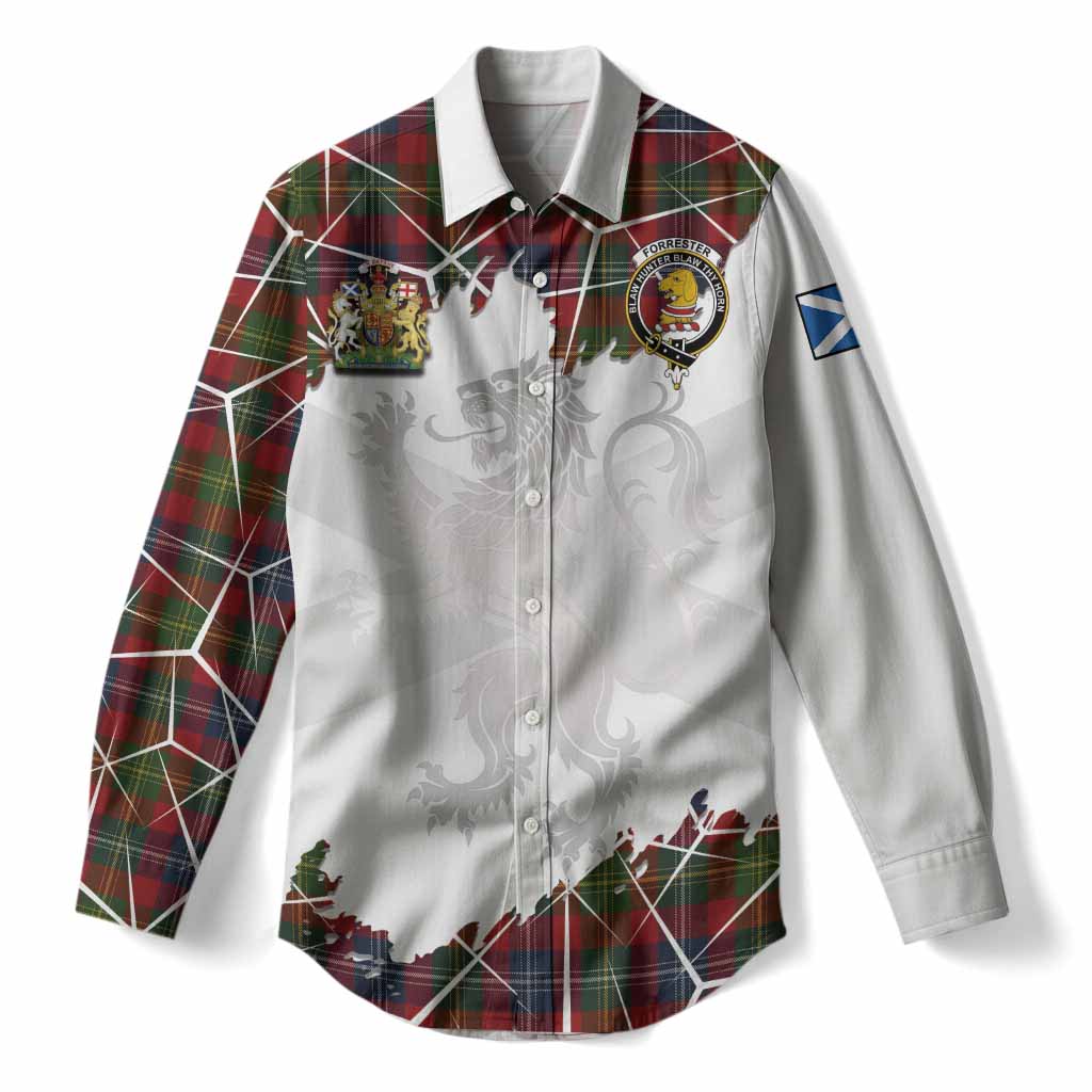 Forrester (Foster) Tartan Women Casual Shirt with Family Crest and Lion Rampant Grunge Style