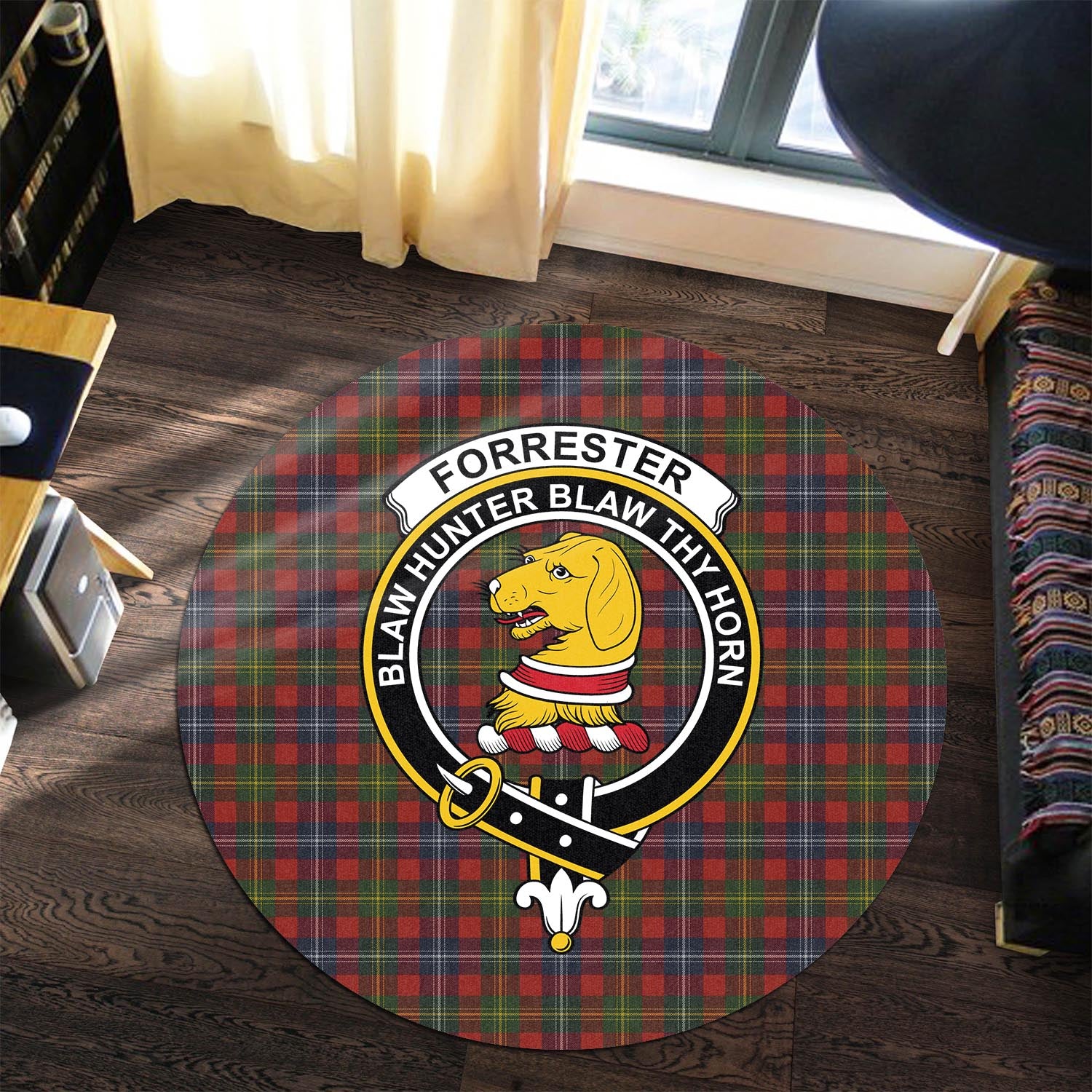 Forrester or Foster Tartan Round Rug with Family Crest - Tartanvibesclothing