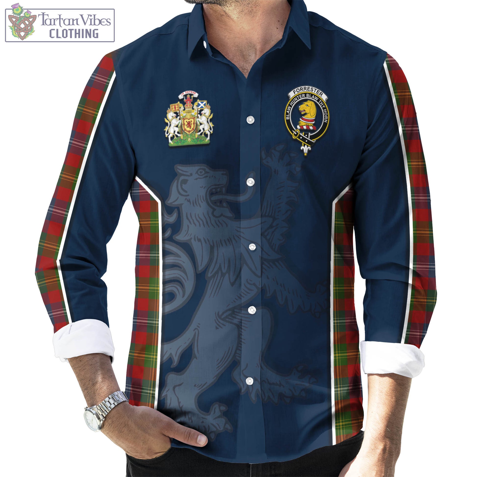Tartan Vibes Clothing Forrester or Foster Tartan Long Sleeve Button Up Shirt with Family Crest and Lion Rampant Vibes Sport Style