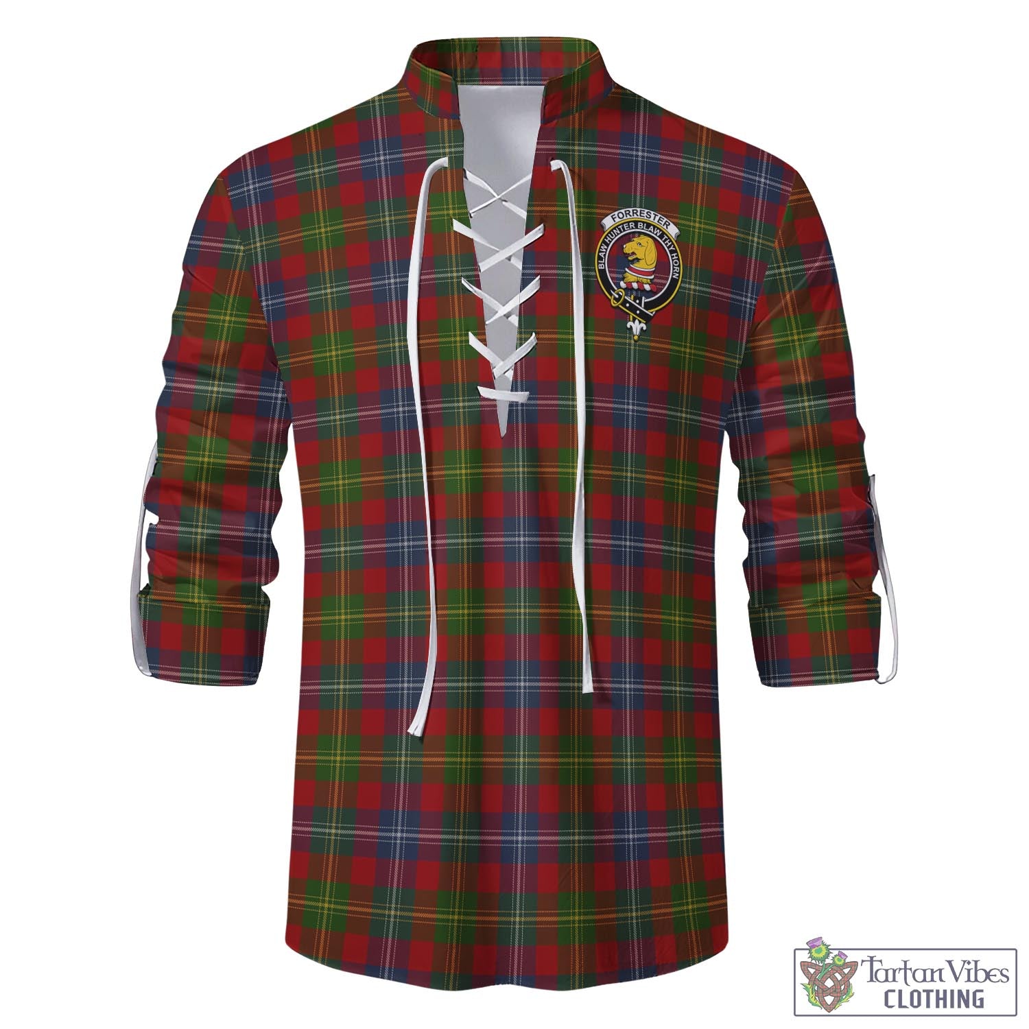 Tartan Vibes Clothing Forrester or Foster Tartan Men's Scottish Traditional Jacobite Ghillie Kilt Shirt with Family Crest