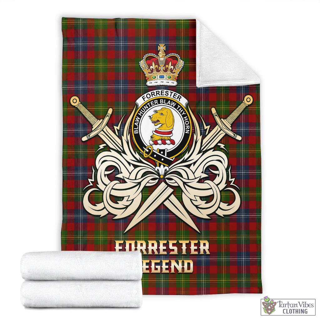 Tartan Vibes Clothing Forrester or Foster Tartan Blanket with Clan Crest and the Golden Sword of Courageous Legacy