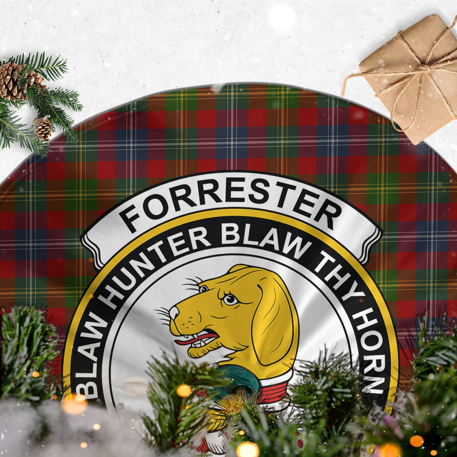 Forrester or Foster Tartan Christmas Tree Skirt with Family Crest - Tartanvibesclothing