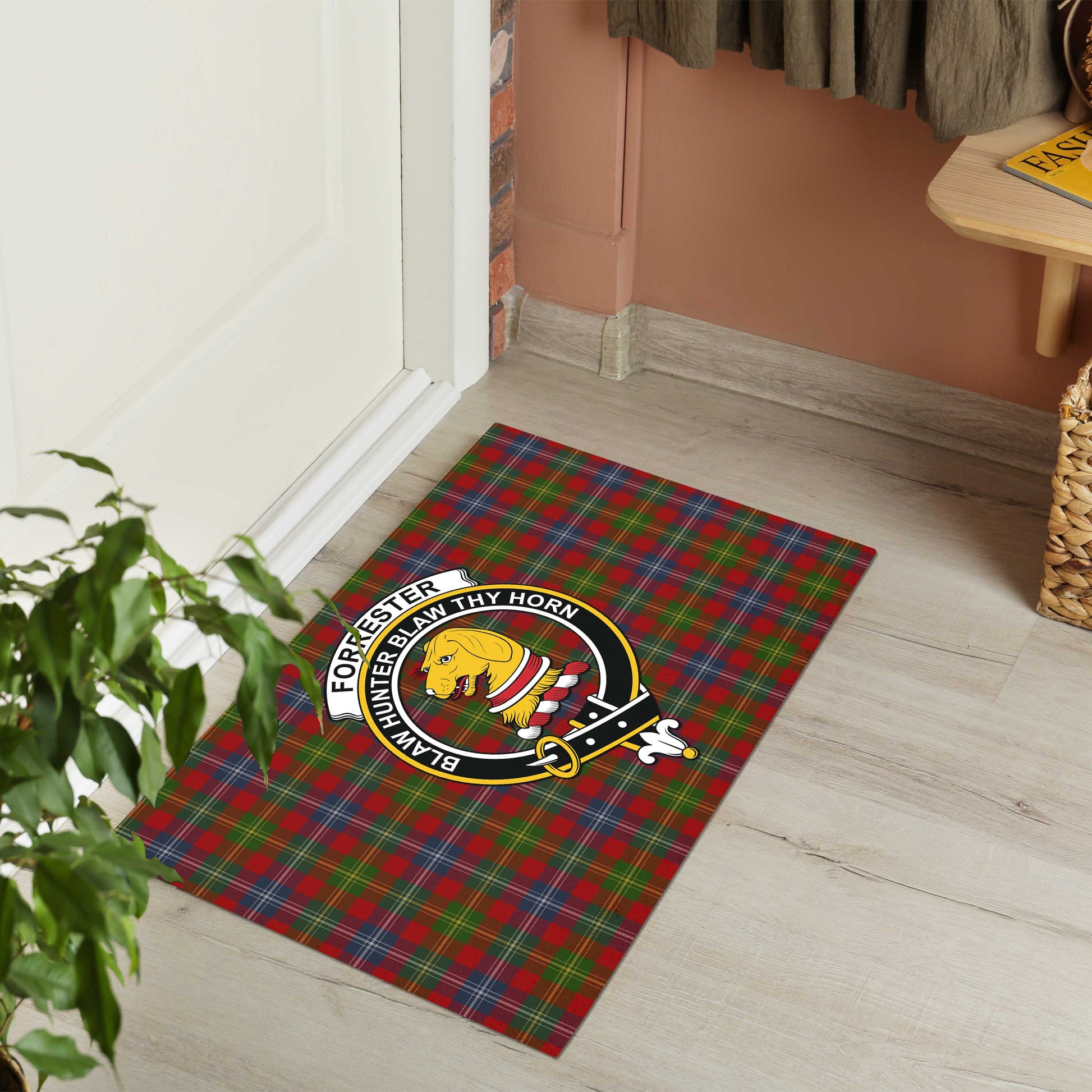 Forrester or Foster Tartan Door Mat with Family Crest - Tartanvibesclothing