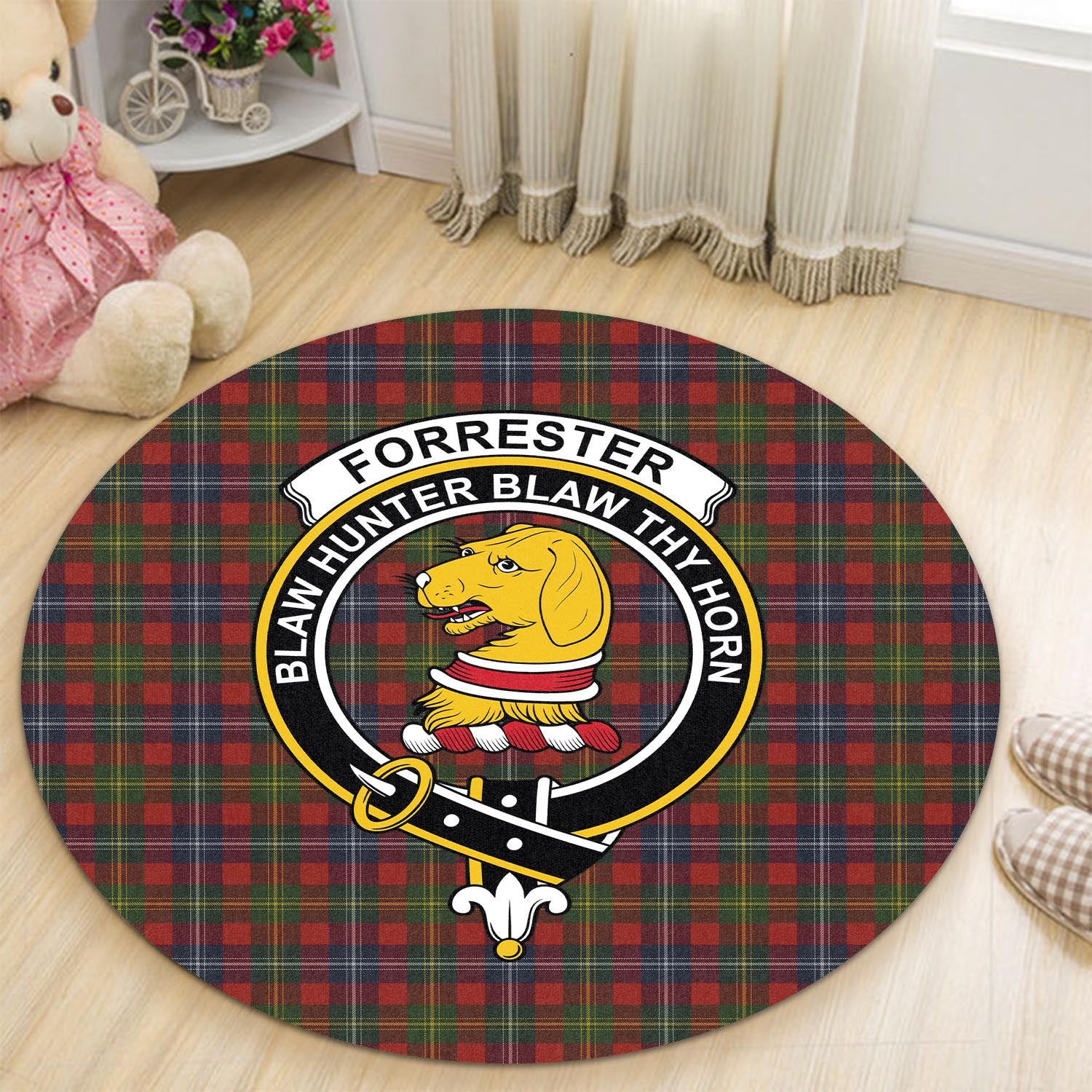Forrester or Foster Tartan Round Rug with Family Crest - Tartanvibesclothing