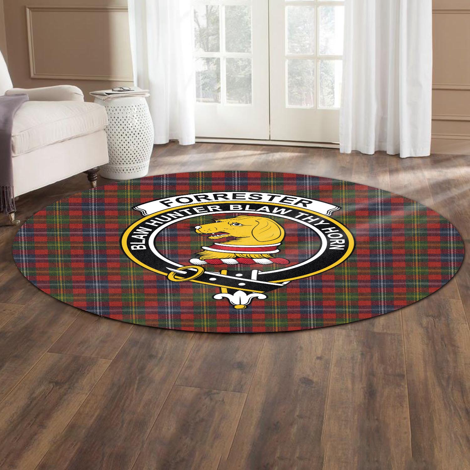 Forrester or Foster Tartan Round Rug with Family Crest - Tartanvibesclothing