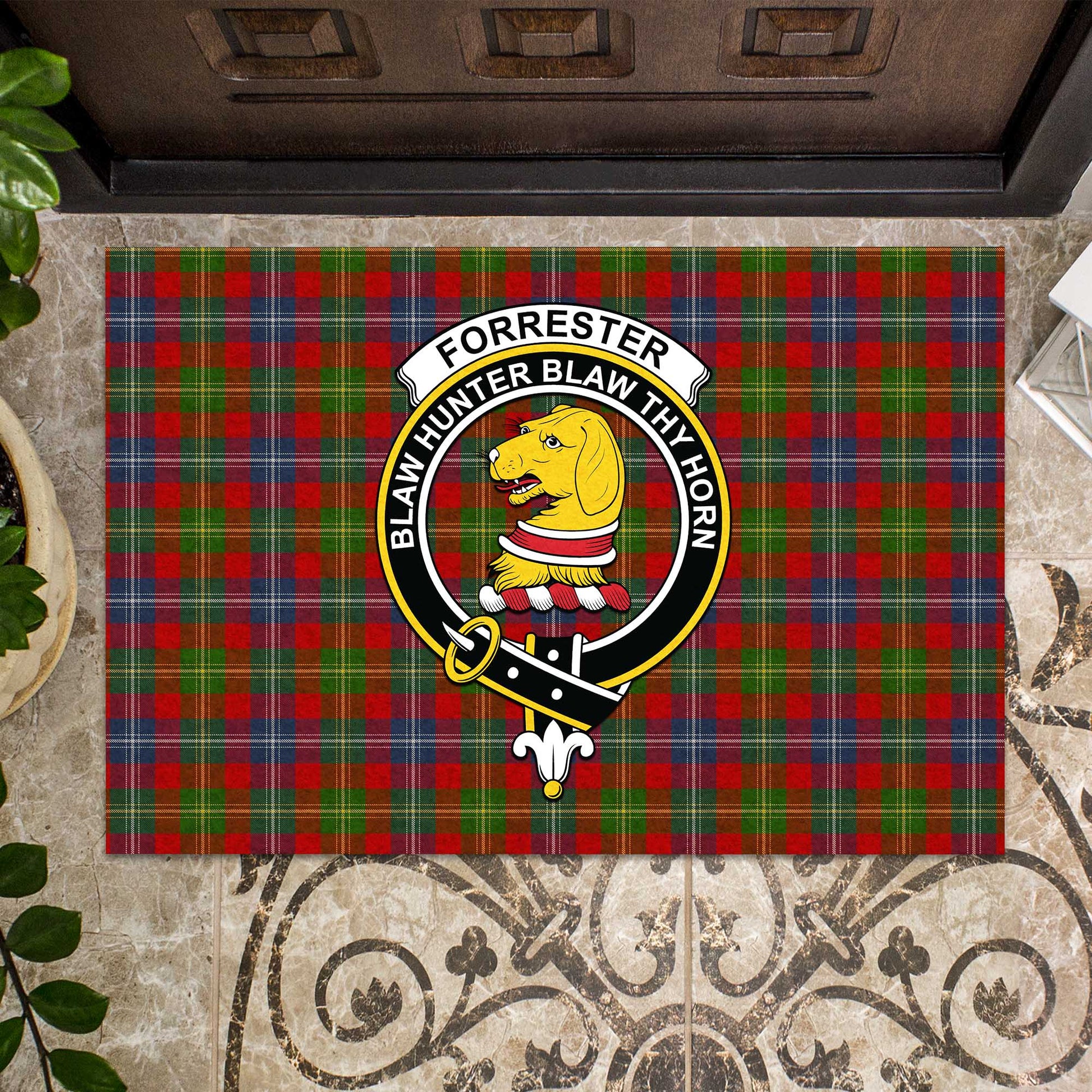 Forrester or Foster Tartan Door Mat with Family Crest - Tartanvibesclothing