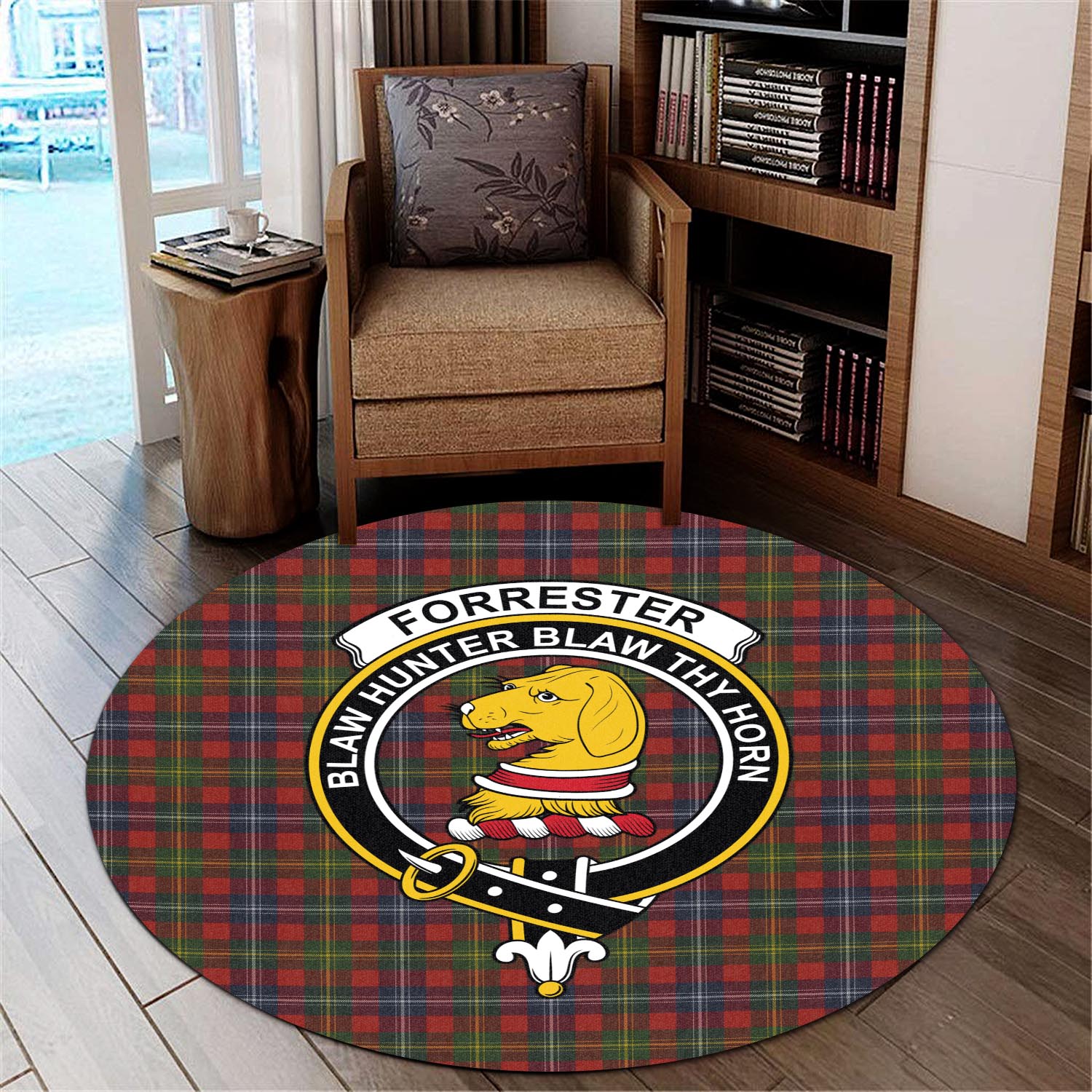 Forrester or Foster Tartan Round Rug with Family Crest - Tartanvibesclothing