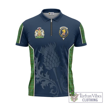 Forrester Hunting Tartan Zipper Polo Shirt with Family Crest and Scottish Thistle Vibes Sport Style