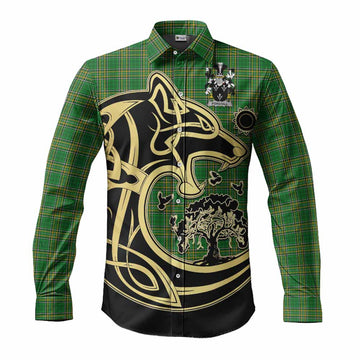 Forstall Irish Tartan Long Sleeve Button Shirt with Coat of Arms Celtic Wolf Style Men's Shirt S - Tartan Vibes Clothing