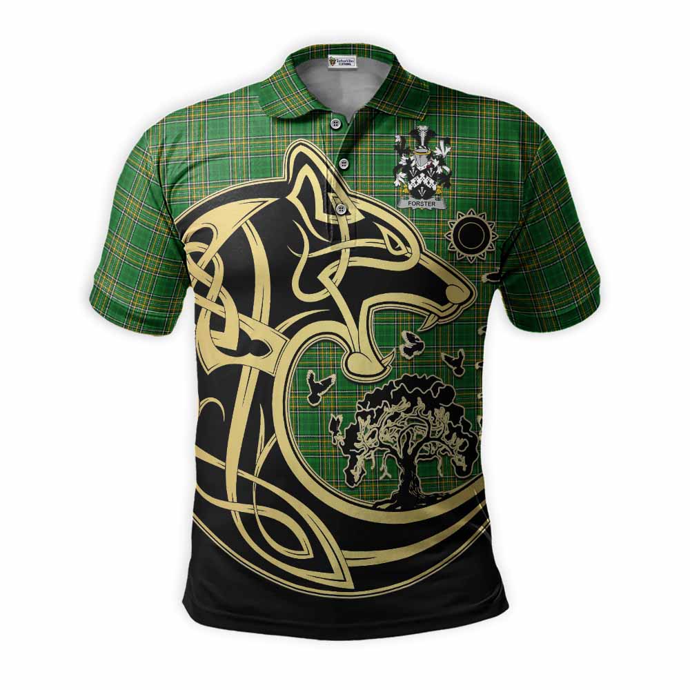 Tartan Vibes Clothing Forster Irish Tartan Polo Shirt with Coat of Arms Celtic Wolf Style