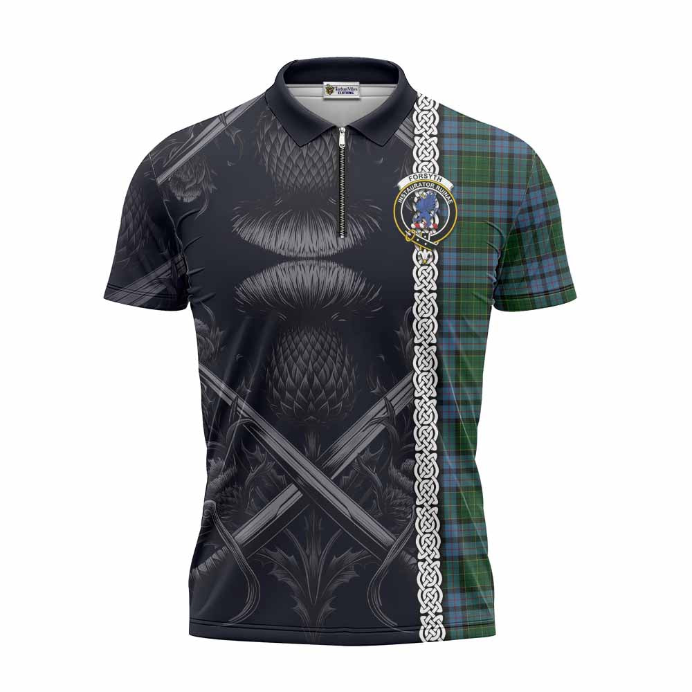 Tartan Vibes Clothing Forsyth Tartan Zipper Polo Shirt with Family Crest Cross Sword Thistle Celtic Vibes