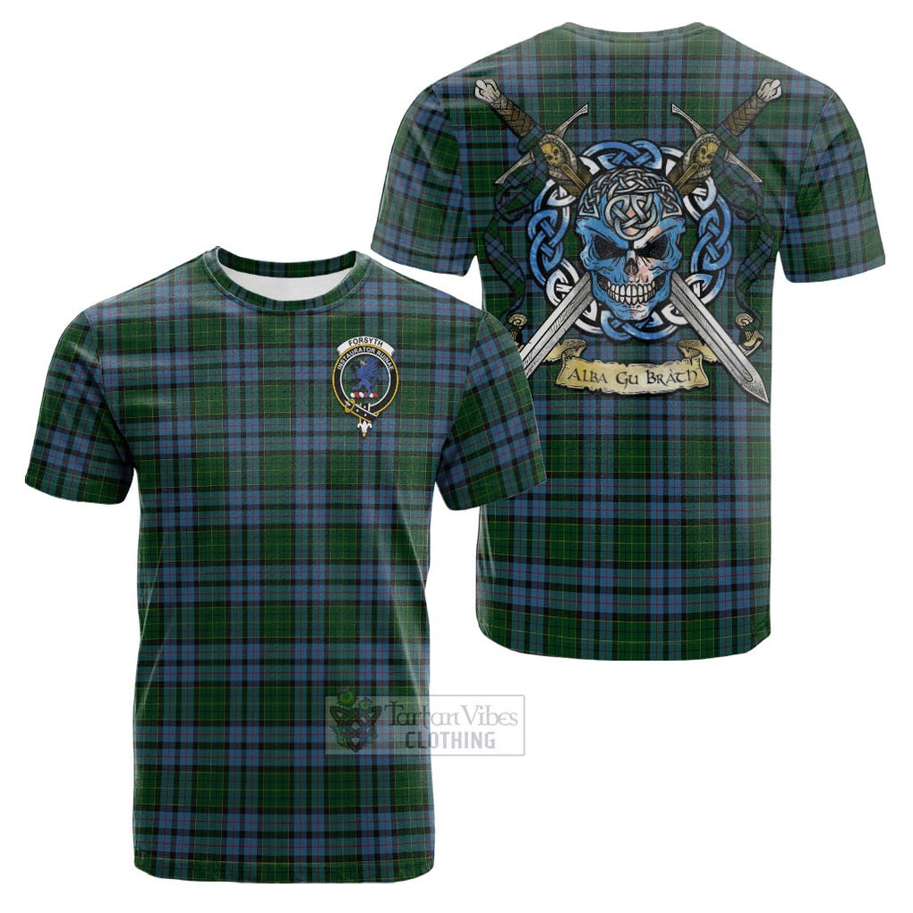 Tartan Vibes Clothing Forsyth Tartan Cotton T-shirt with Family Crest Celtic Skull Style