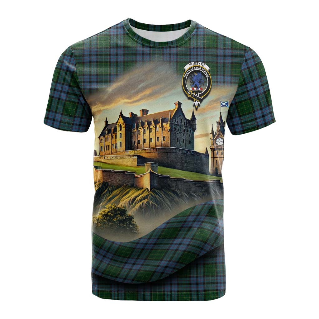 Tartan Vibes Clothing Forsyth Tartan Family Crest Cotton T-shirt with Scottish Ancient Castle Style
