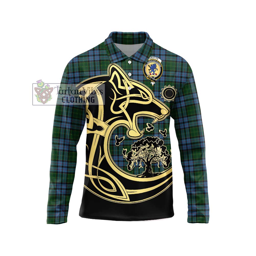 Forsyth Tartan Long Sleeve Polo Shirt with Family Crest Celtic Wolf Style Unisex - Tartan Vibes Clothing