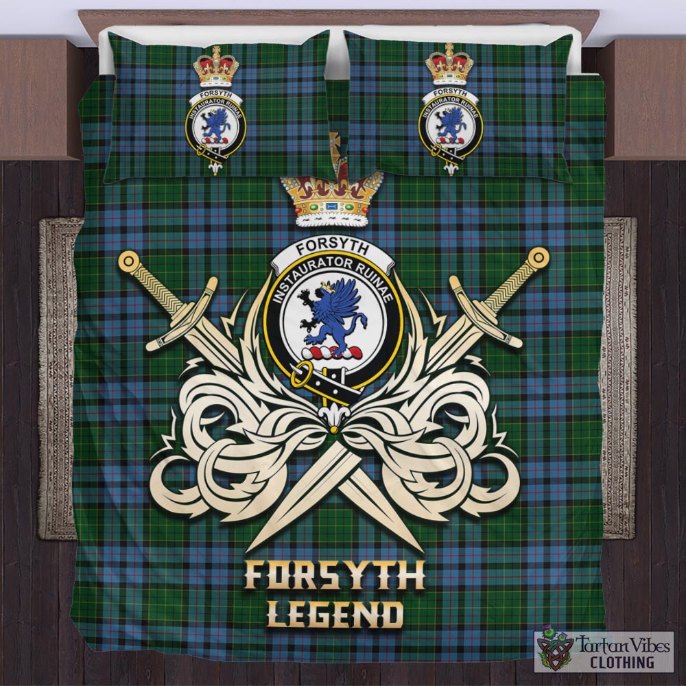 Tartan Vibes Clothing Forsyth Tartan Bedding Set with Clan Crest and the Golden Sword of Courageous Legacy