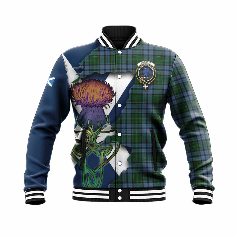 Tartan Vibes Clothing Forsyth Tartan Family Crest Baseball Jacket Scottish Thistle Celtic Inspired