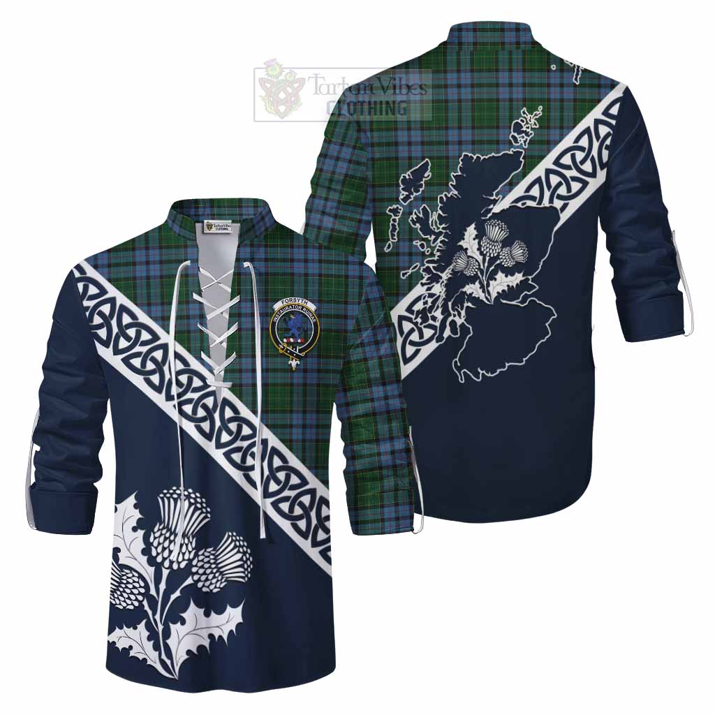 Forsyth Tartan Ghillie Kilt Shirt Featuring Thistle and Scotland Map Men - Tartan Vibes Clothing