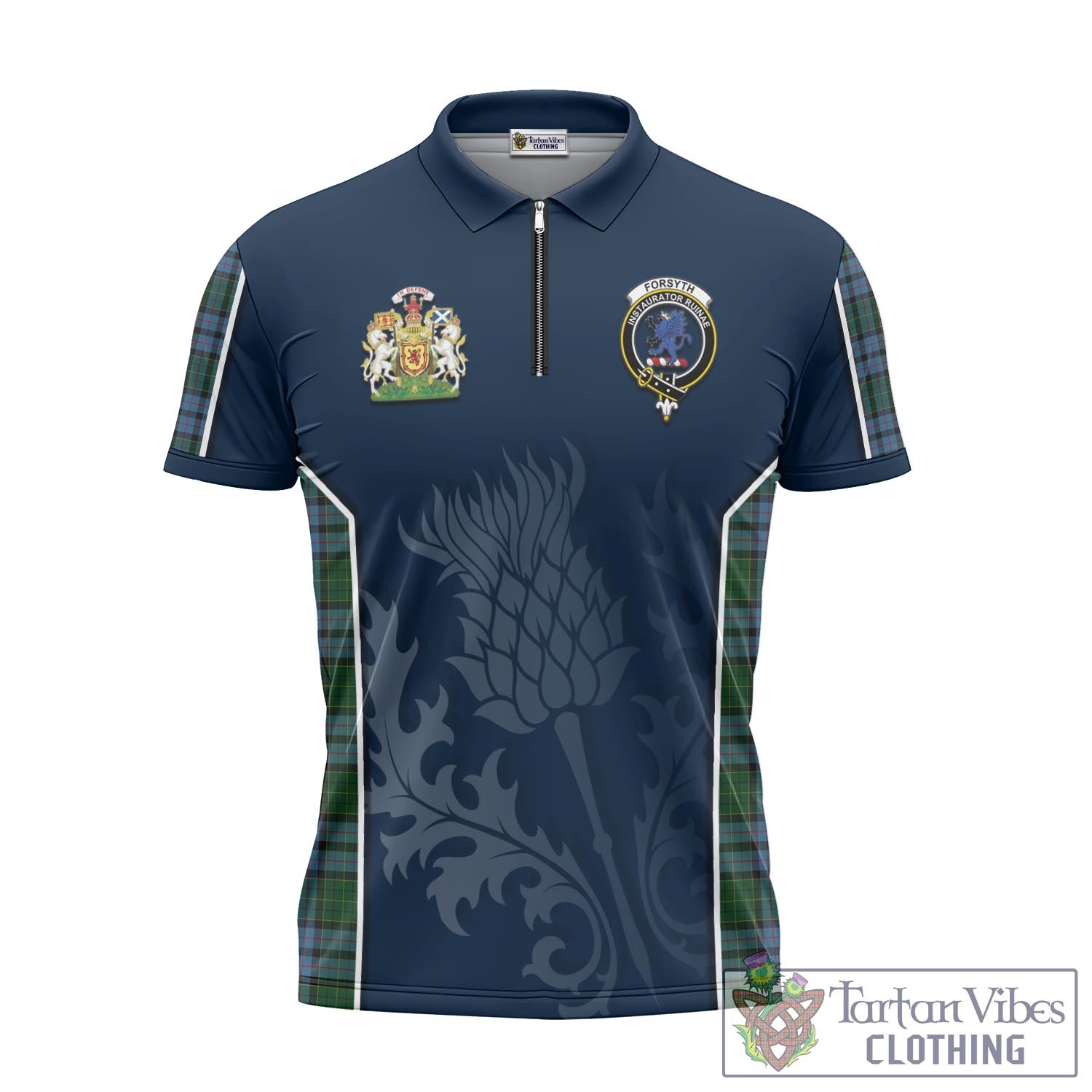 Tartan Vibes Clothing Forsyth Tartan Zipper Polo Shirt with Family Crest and Scottish Thistle Vibes Sport Style