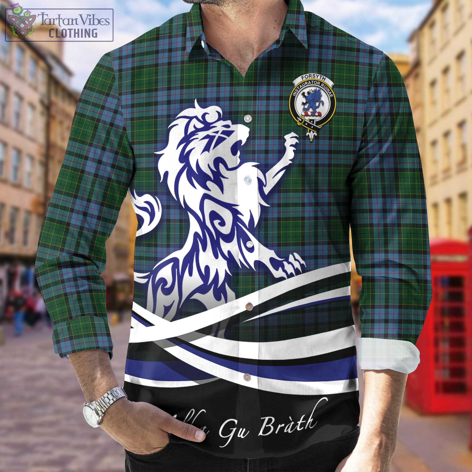 Forsyth Tartan Long Sleeve Button Up Shirt with Alba Gu Brath Regal Lion Emblem Men's Shirt - Tartan Vibes Clothing