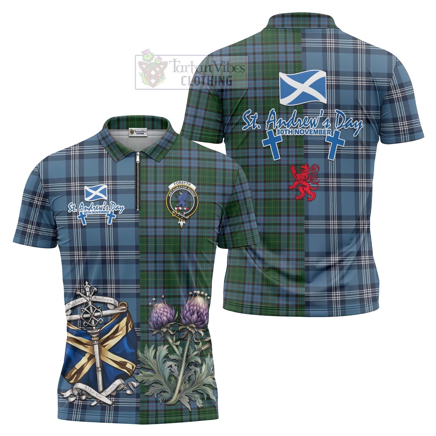Forsyth Tartan Zipper Polo Shirt Happy St. Andrew's Day Half Tartan Style Unisex - Tartan Vibes Clothing