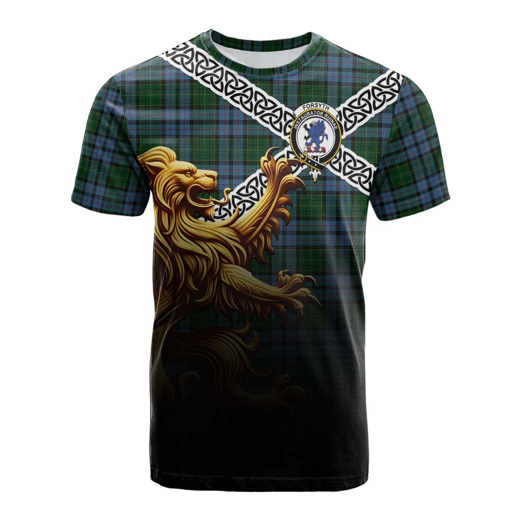 Tartan Vibes Clothing Forsyth Crest Tartan Cotton T-shirt with Golden Lion Emblem Celtic Style
