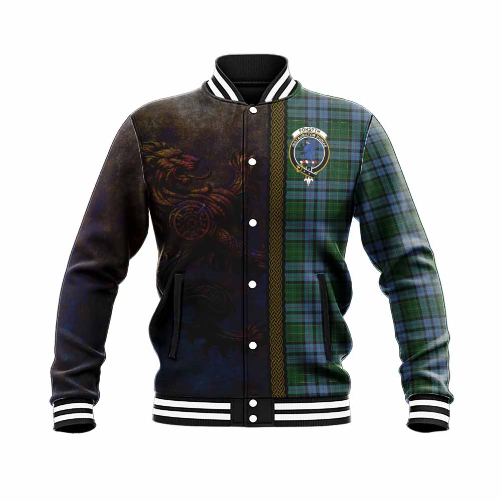 Tartan Vibes Clothing Forsyth Tartan Family Crest Baseball Jacket Alba Gu Brath Be Brave Lion Ancient Style