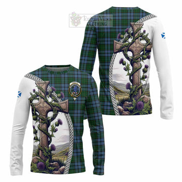 Forsyth Tartan Long Sleeve T-Shirt with Family Crest and St. Andrew's Cross Accented by Thistle Vines Unisex - Tartan Vibes Clothing