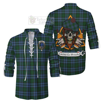 Forsyth Tartan Ghillie Kilt Shirt with Family Crest and Bearded Skull Holding Bottles of Whiskey Men - Tartan Vibes Clothing