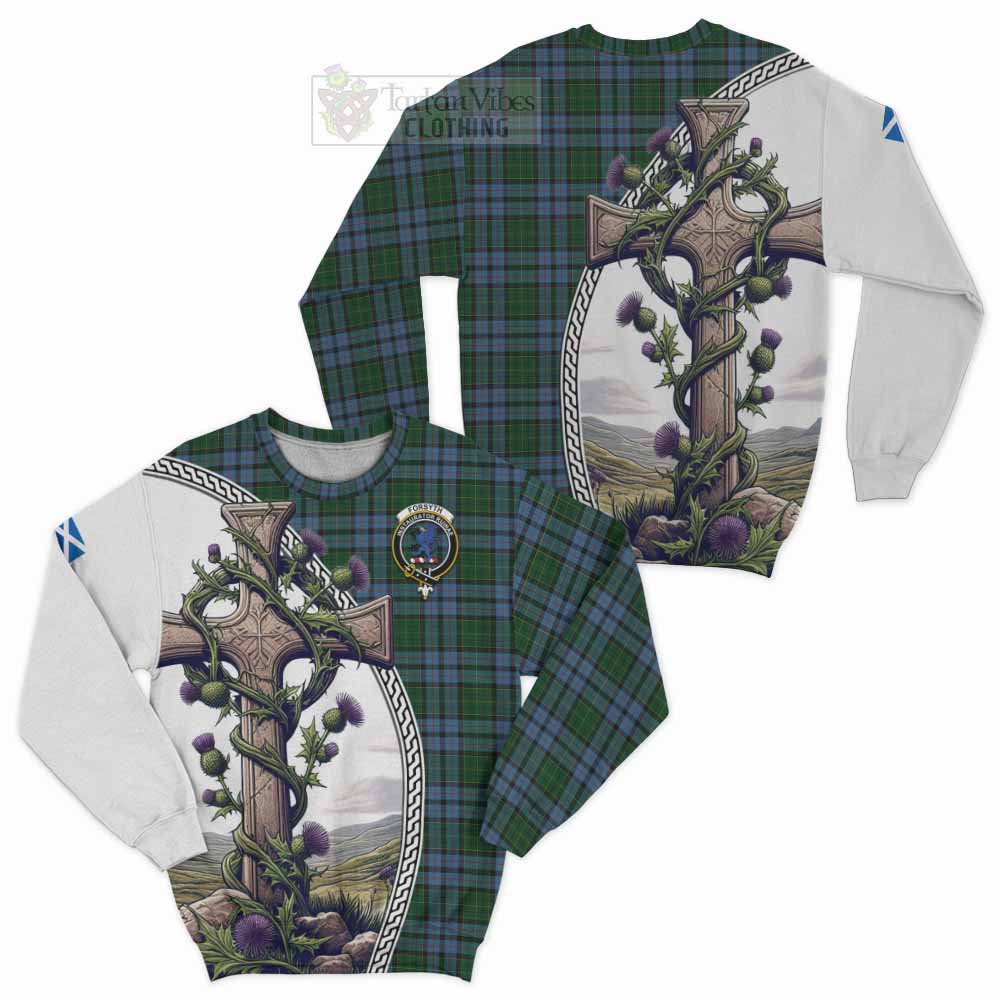 Forsyth Tartan Sweatshirt with Family Crest and St. Andrew's Cross Accented by Thistle Vines Unisex - Tartan Vibes Clothing