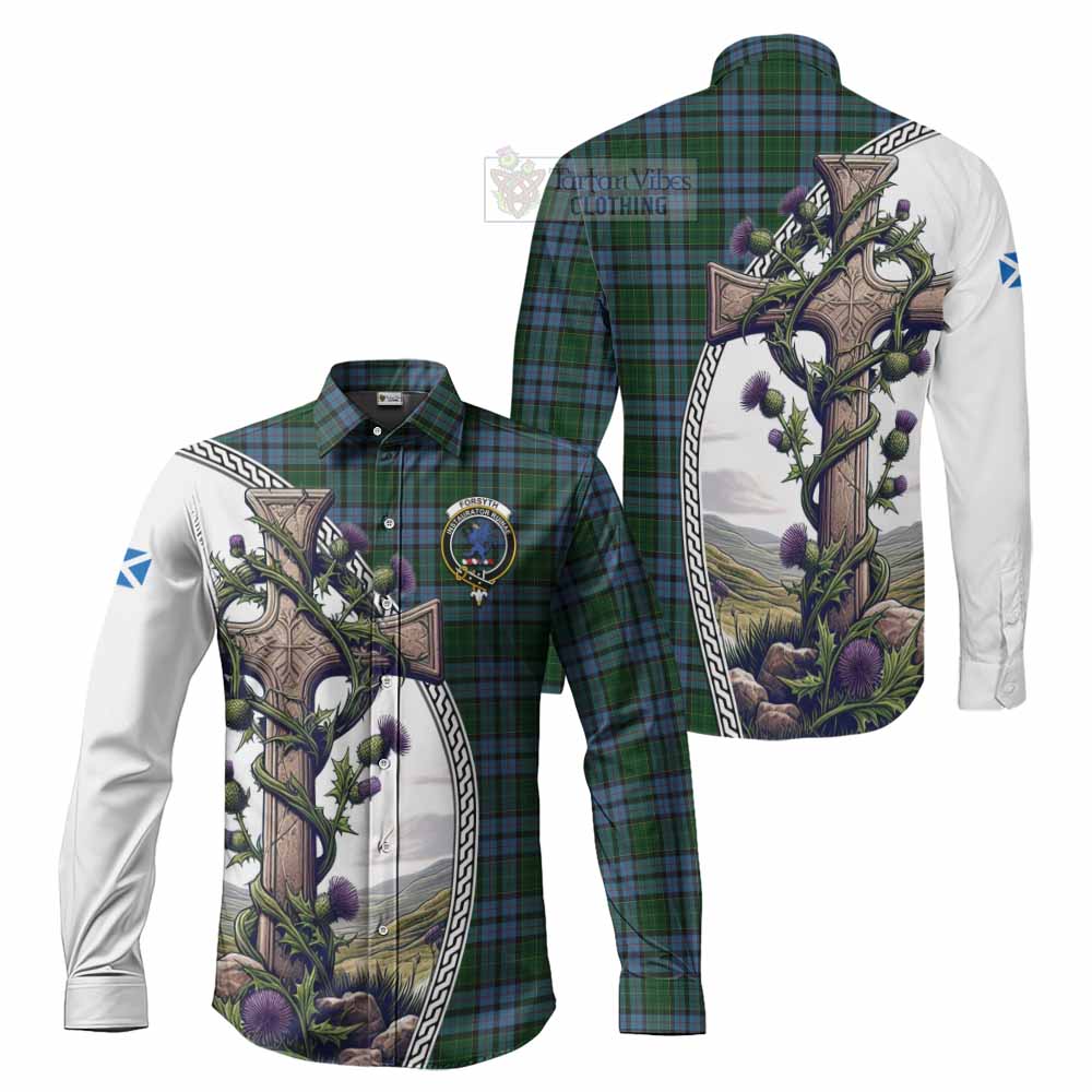 Forsyth Tartan Long Sleeve Button Shirt with Family Crest and St. Andrew's Cross Accented by Thistle Vines Men's Shirt S - Tartan Vibes Clothing