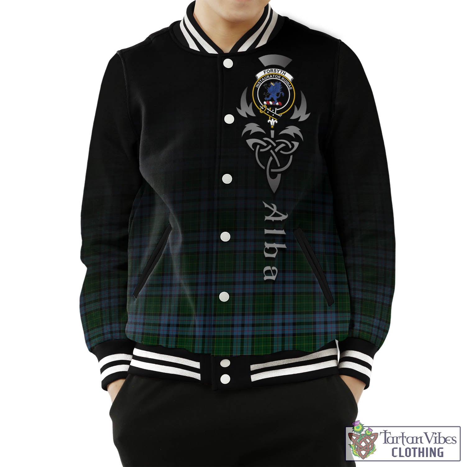 Forsyth Tartan Baseball Jacket Featuring Alba Gu Brath Family Crest Celtic Inspired Unisex - Tartan Vibes Clothing