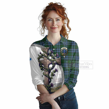 Forsyth Tartan Women's Casual Shirt with Family Crest and St. Andrew's Cross Accented by Thistle Vines Female - Tartan Vibes Clothing