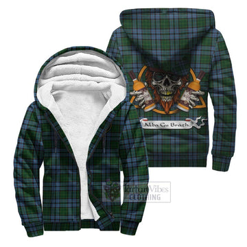 Forsyth Tartan Sherpa Hoodie with Family Crest and Bearded Skull Holding Bottles of Whiskey Unisex S - Tartan Vibes Clothing