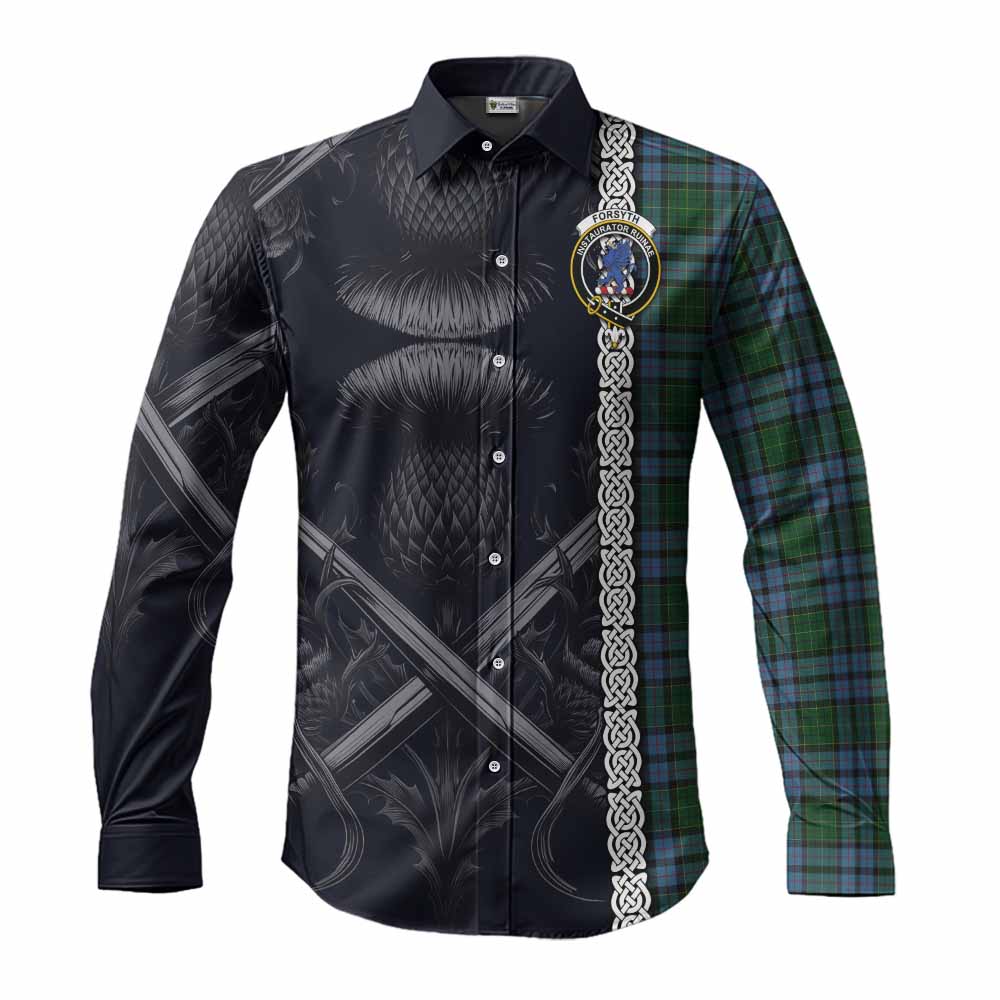 Tartan Vibes Clothing Forsyth Tartan Long Sleeve Button Shirt with Family Crest Cross Sword Thistle Celtic Vibes