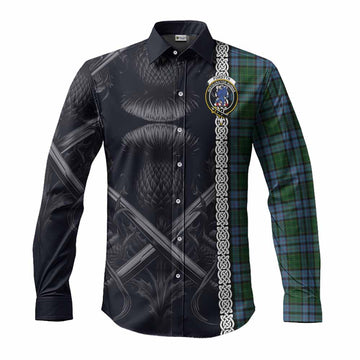Tartan Vibes Clothing Forsyth Tartan Long Sleeve Button Shirt with Family Crest Cross Sword Thistle Celtic Vibes
