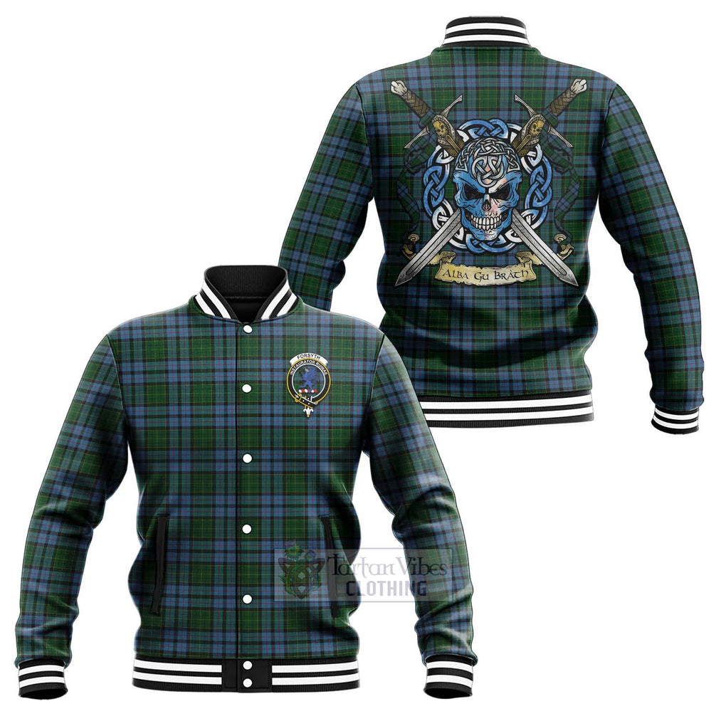 Forsyth Tartan Baseball Jacket with Family Crest Celtic Skull Style Unisex - Tartan Vibes Clothing